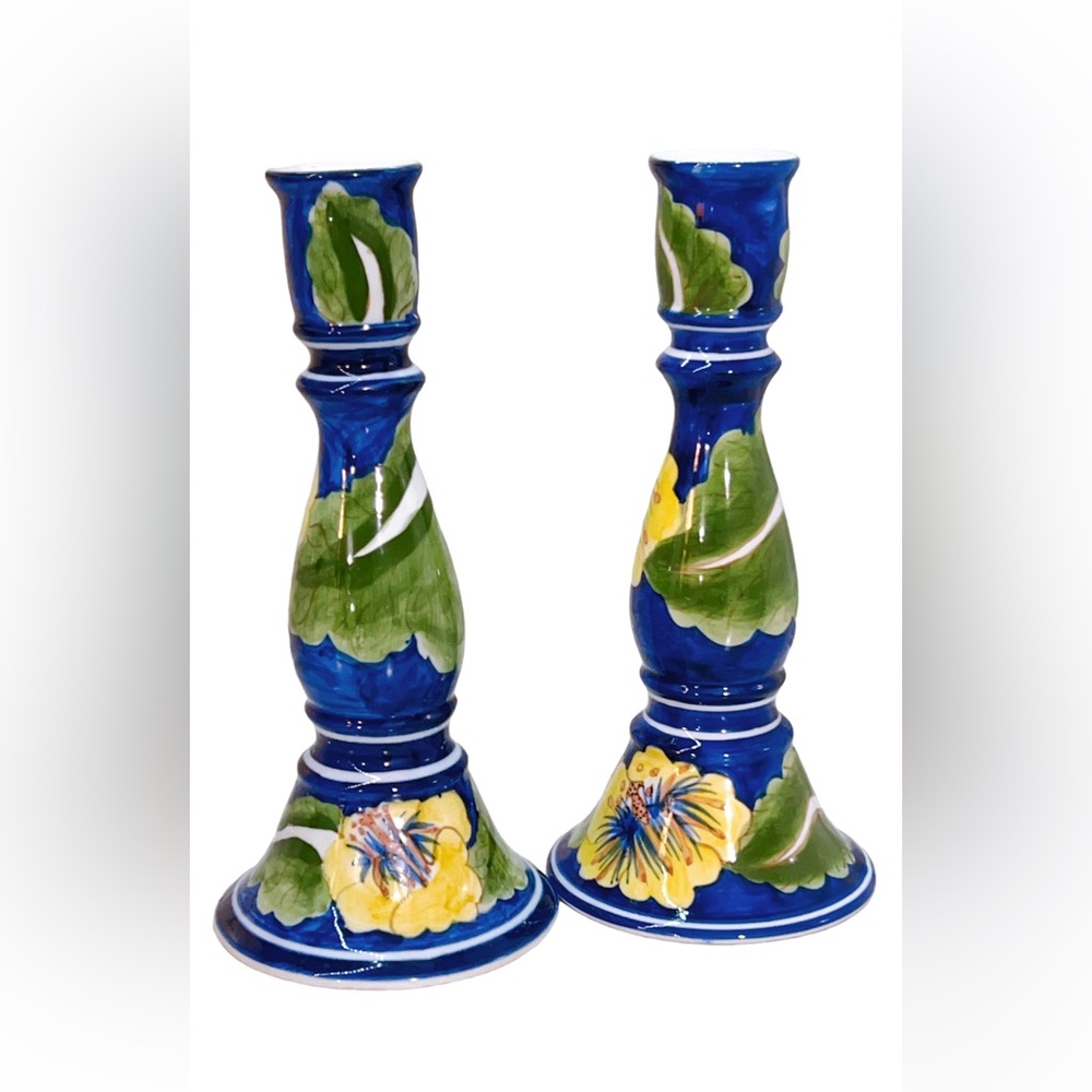 Vintage Ceramic Cobalt Blue Candlestick Holders Pair Hand Painted Yellow Floral